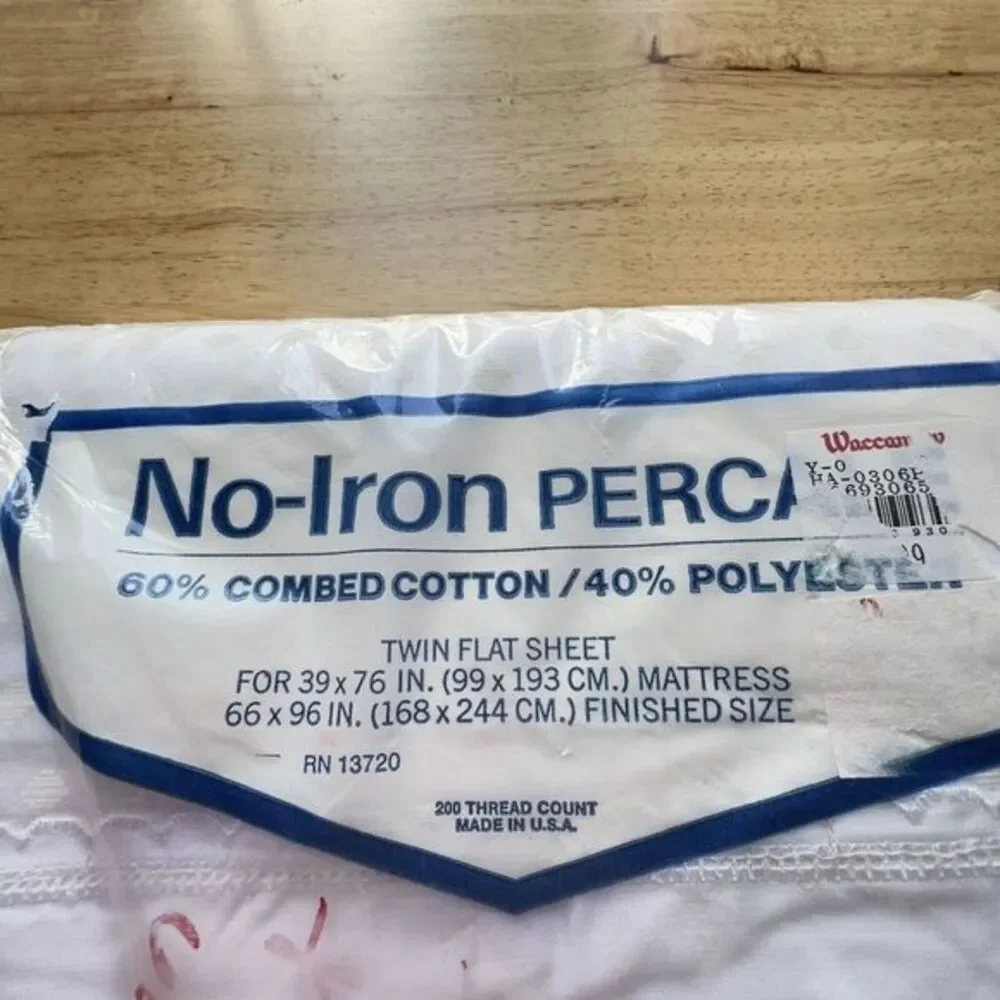 VTG No Iron Percale TWIN White Diamond‎ & Scalloped Trim Flat Sheet Waccamaw